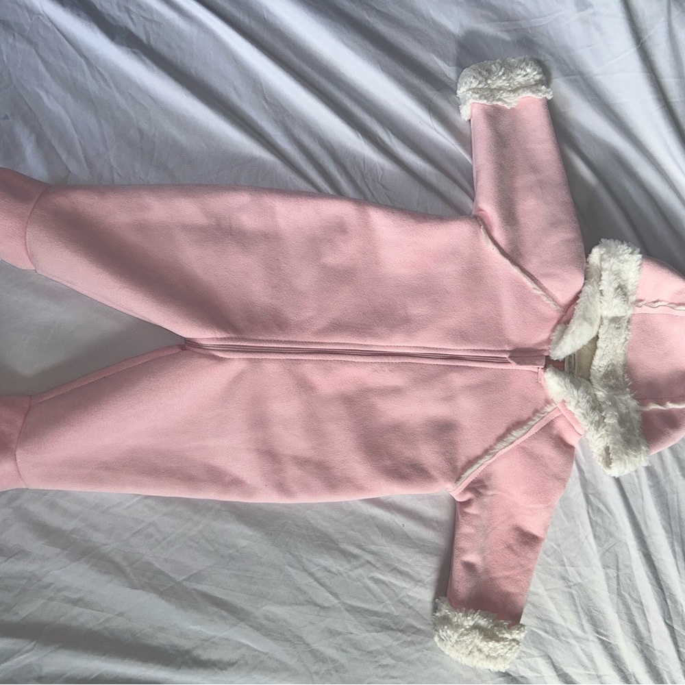 Cozy Pink Baby Snowsuit with White Trim